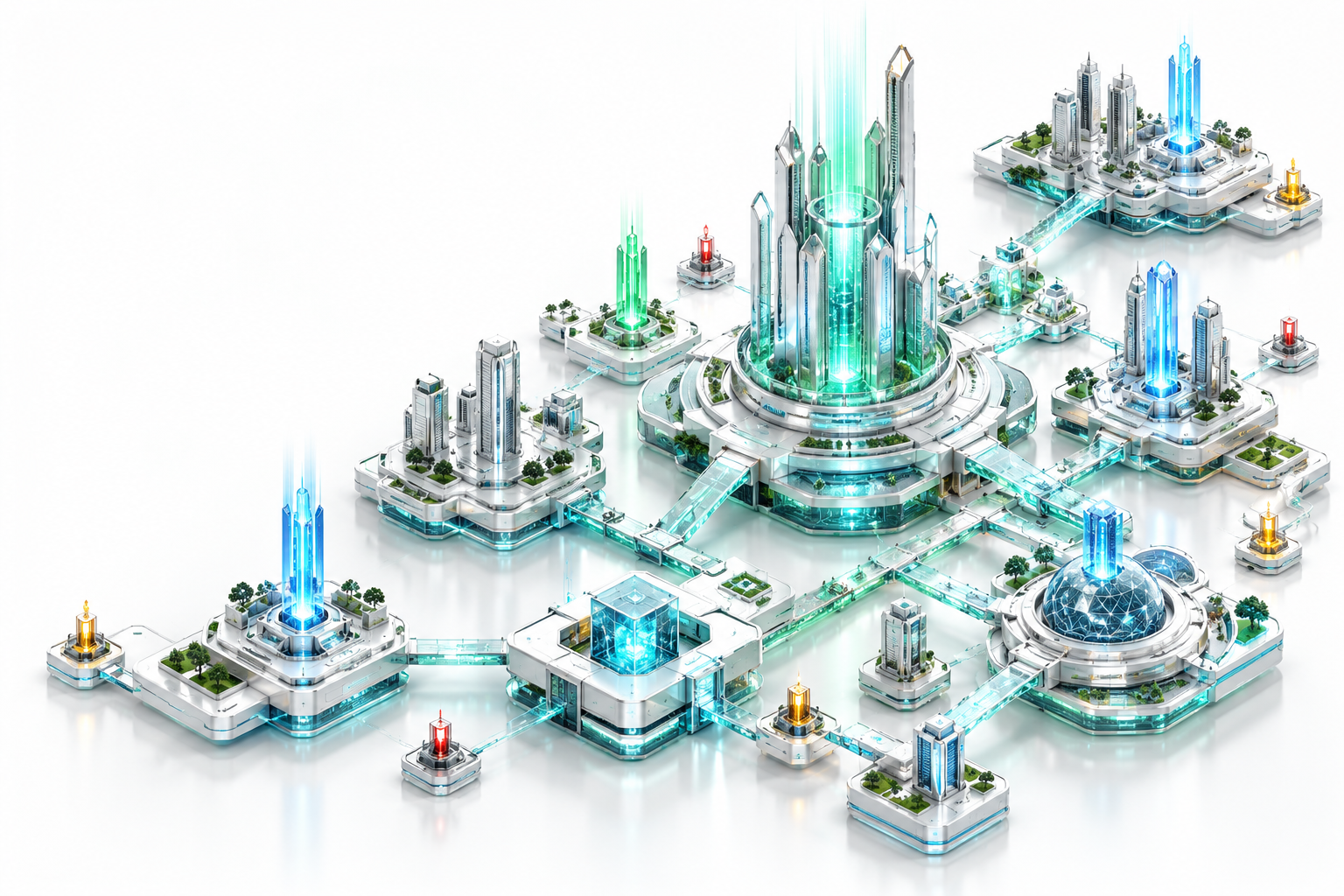 White futuristic blockchain city with connected teal security nodes